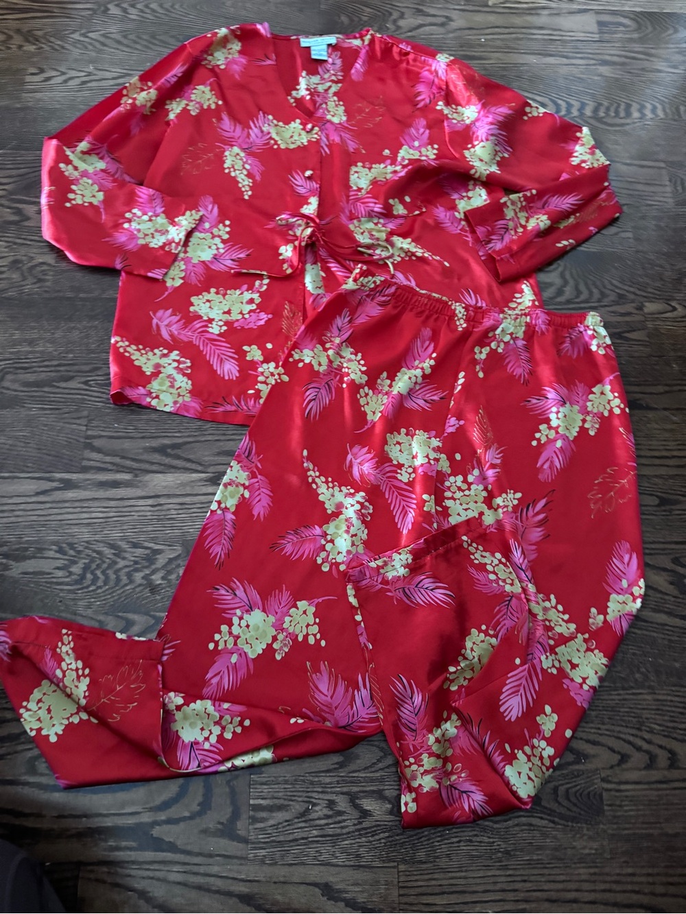 Morgan Taylor intime Red Satin Top with Pink Floral and Gold Accents